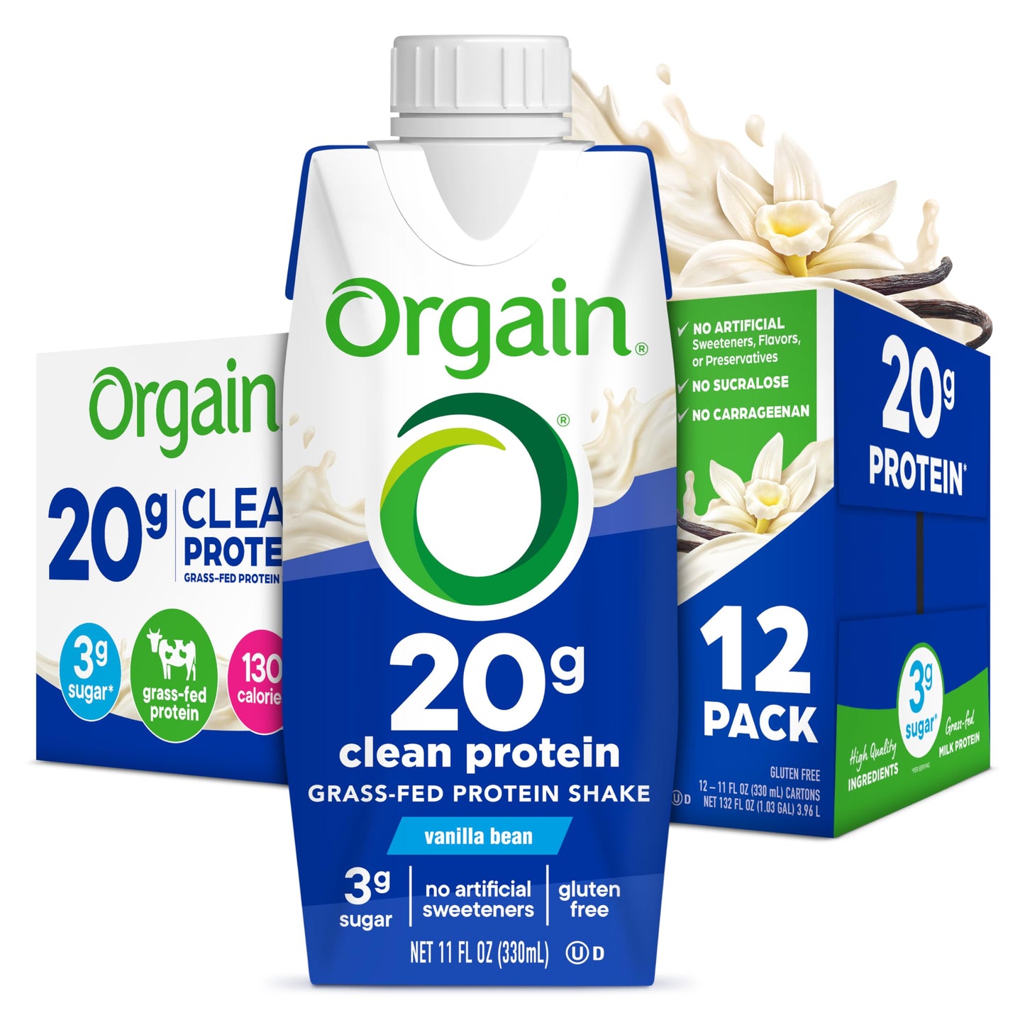 Orgain Clean Protein Shake, Grass Fed Dairy, Creamy Chocolate Fudge - 20g Whey High Protein, Kosher, Ready to Drink, Low Net Carbs, Gluten Free, No Soy Ingredients, 11 Fl Oz (Pack of 12)