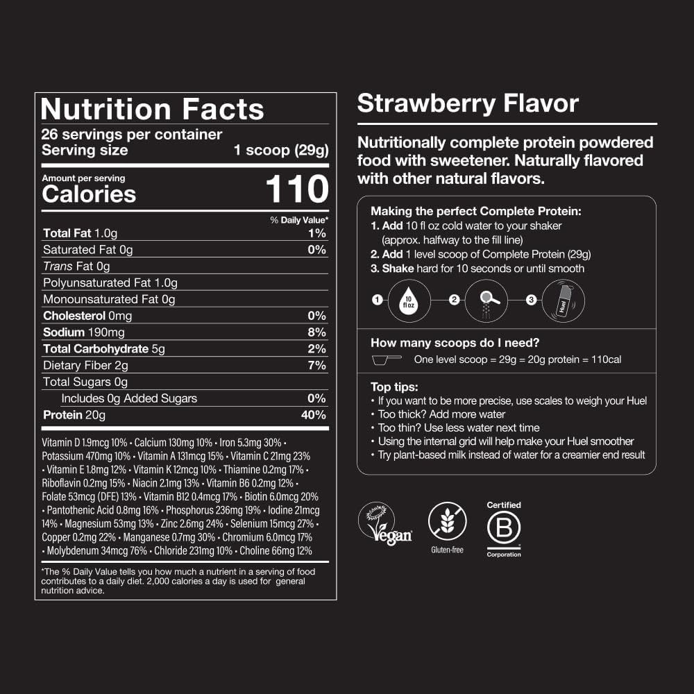 Huel Vegan Protein Powder | Strawberry | Complete Nutrition | 20g Protein Powder | 100% Plant-Based | 27 Vitamins & Minerals, Gluten Free, Non-GMO, Lactose Free | 26 Servings