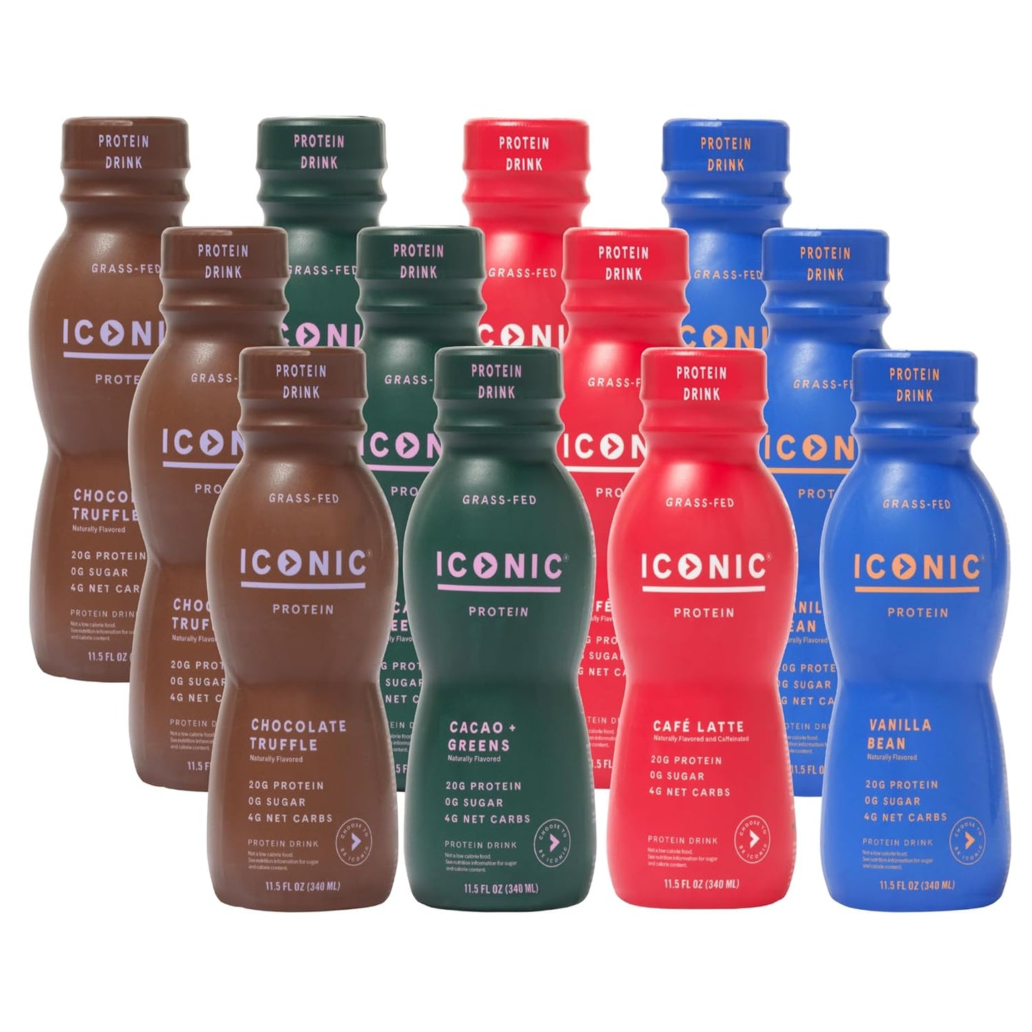 ICONIC Protein Shake, Sample Pack – 20g Grass-Fed Protein Drink – Low Carb, Sugar Free, Keto Friendly – Lactose Free, High Protein Snack or Meal Replacement Shake (12 Pack)