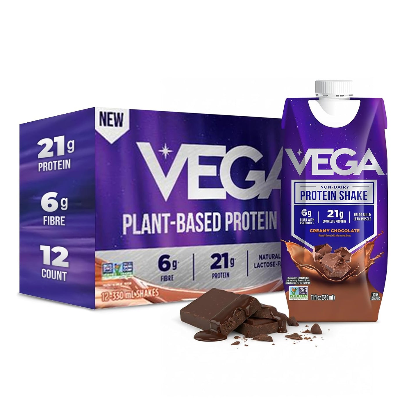 Vega Ready to Drink Vegan Protein Shake, Creamy Chocolate – 21g Plant Protein, Non Dairy & Lactose Free Protein Shake for Men & Women, Gluten Free, 330ml (12 Pack)