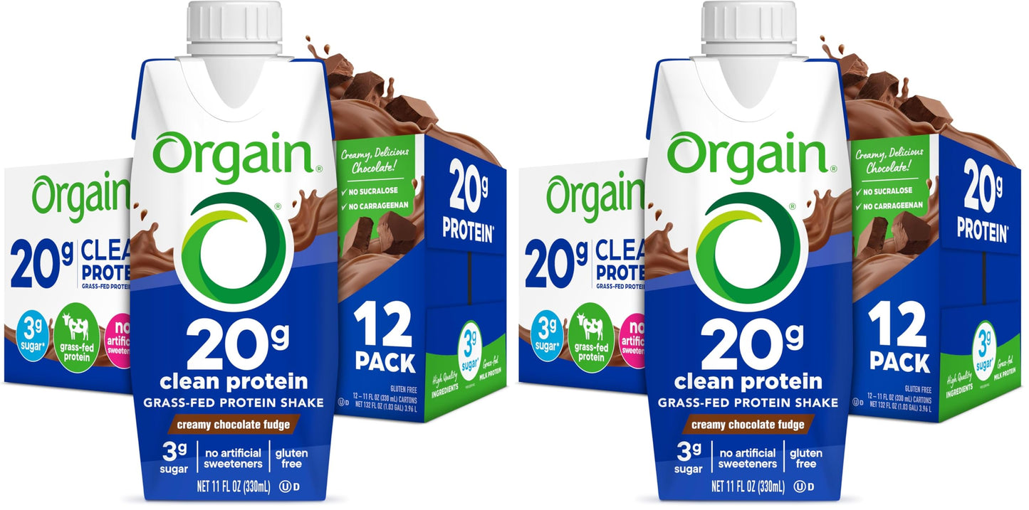 Orgain Clean Protein Shake, Grass Fed Dairy, Creamy Chocolate Fudge - 20g Whey High Protein, Kosher, Ready to Drink, Low Net Carbs, Gluten Free, No Soy Ingredients, 11 Fl Oz (Pack of 12)