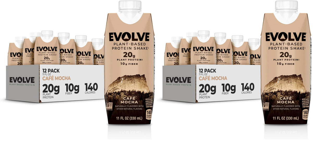 Evolve Plant Based Protein Shake, Café Mocha, 20g Vegan Protein, Dairy Free, No Artificial Sweeteners, Non-GMO, 10g Fiber, 11oz, (12 Pack) (Formula May Vary)