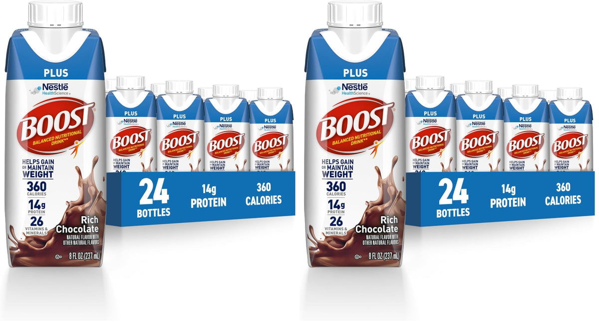 BOOST Plus Nutritional Drink, Rich Chocolate, 8 fl oz (Pack of 24) | Balanced, 8 FL OZ