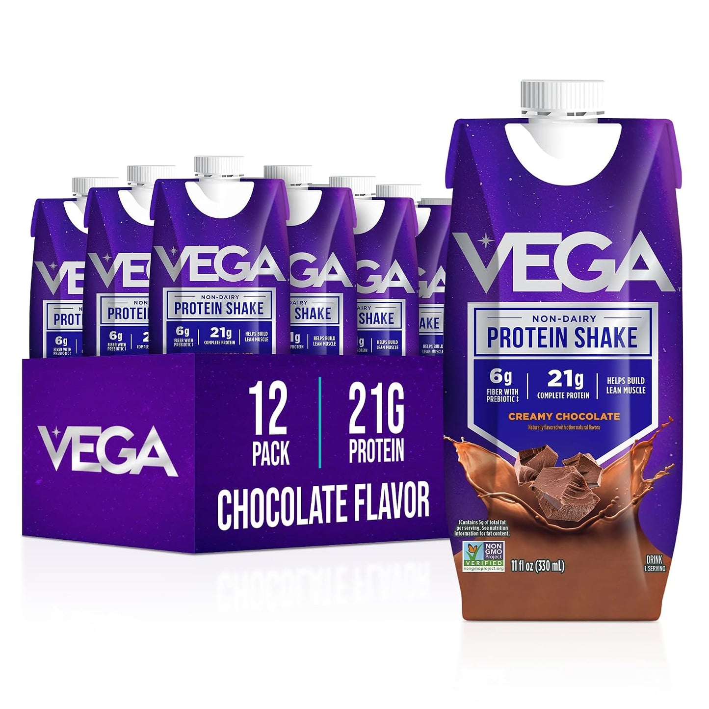 Vega Ready to Drink Vegan Protein Shake, Creamy Chocolate – 21g Plant Protein, Non Dairy & Lactose Free Protein Shake for Men & Women, Gluten Free, 330ml (12 Pack)