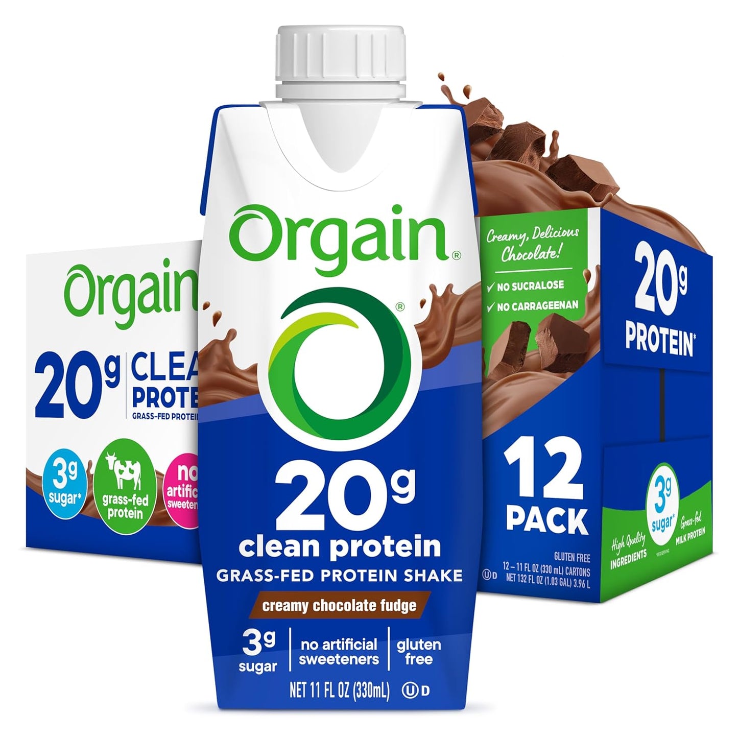 Orgain Clean Protein Shake, Grass Fed Dairy, Creamy Chocolate Fudge - 20g Whey High Protein, Kosher, Ready to Drink, Low Net Carbs, Gluten Free, No Soy Ingredients, 11 Fl Oz (Pack of 12)